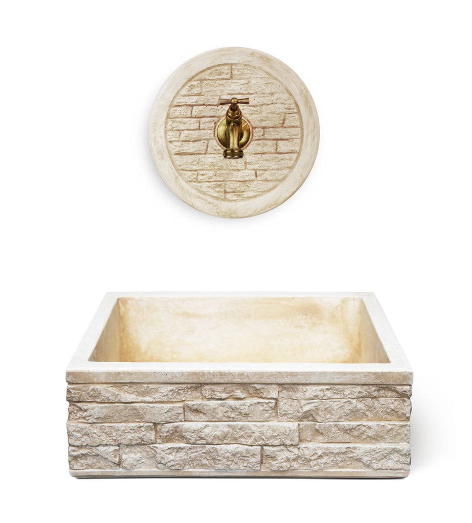 Lavello Rettangolare da Esterno 45x35 cm con Rosone Installazione a Muro in Cemento Mattone Faccia a Vista Meseta