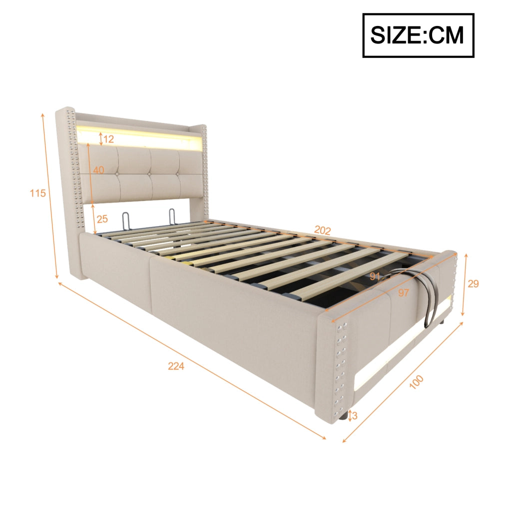 Letto singolo imbottito per bambini 90x200 cm con LED, USB e contenitore idraulico, beige