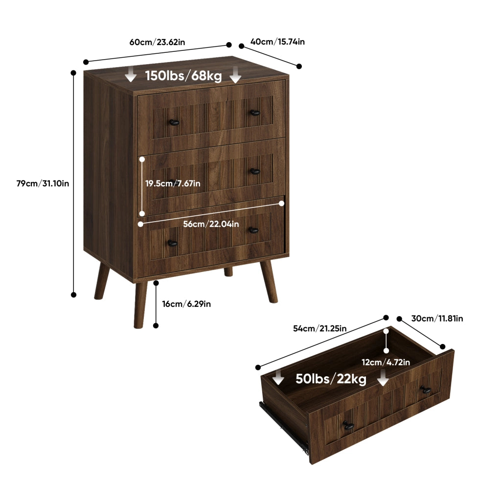 Cassettiera con 3 cassetti, stile moderno, per camera da letto e ingresso, in MDF color noce, 60 × 40 × 79 cm