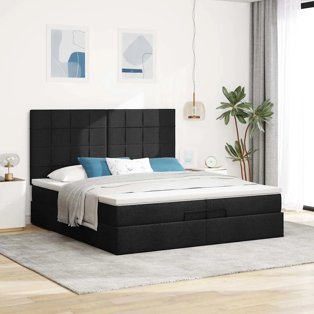 Struttura Letto Pouf con Materassi Nero 200x200 cm in Tessuto 3314033
