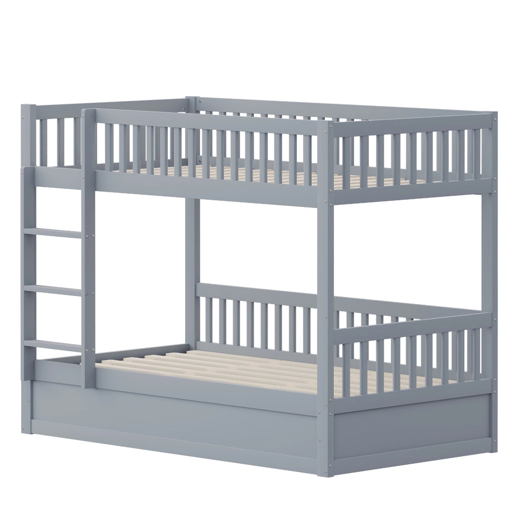 Letto a Castello Bambini LEMONMAX 90x200 cm con Vano Idraulico sotto il Letto, Scala, Guardrail, Rete a Doghe, 205x95x150 cm, Pino e MDF Grigio