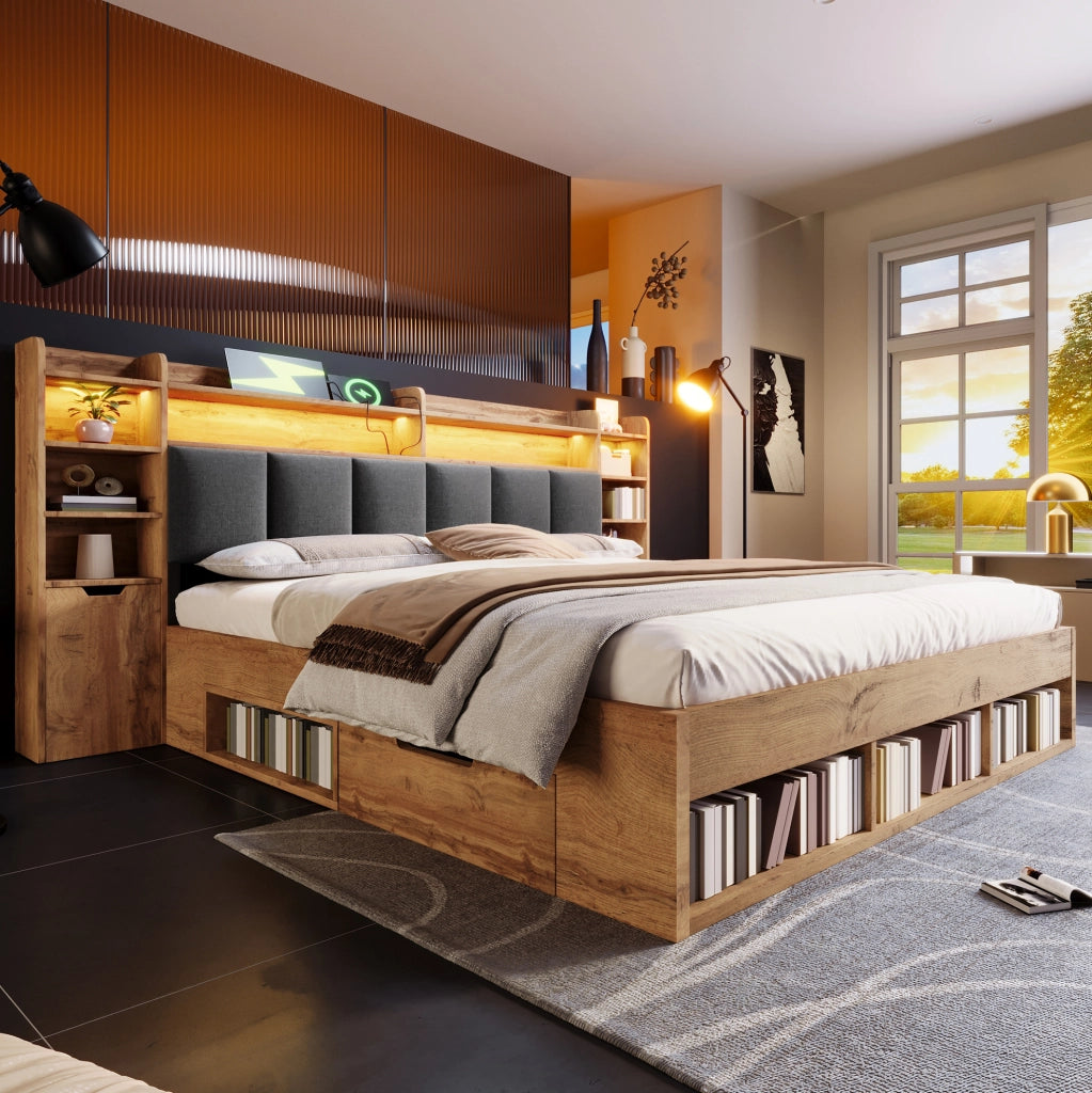 Letto matrimoniale 180x200 cm con LED; porte USB e cassetti effetto rovere HOMVRA