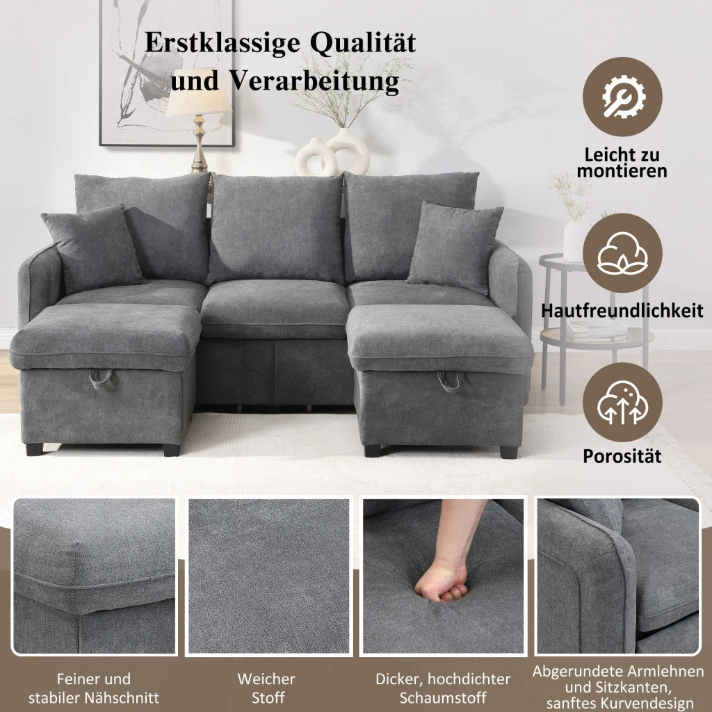 Divano angolare convertibile 3 Posti modulare con contenitore, 2 Pouf, 2 Cuscini, in Ciniglia Grigio Scuro