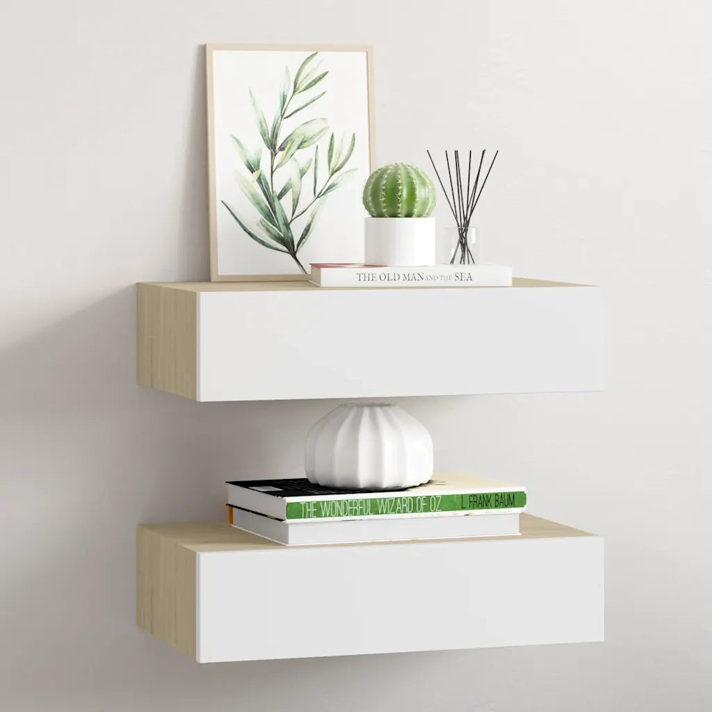 2 pz Mensola | Scaffali con Cassetti Rovere e Bianco 40x23,5x10 cm in MDF