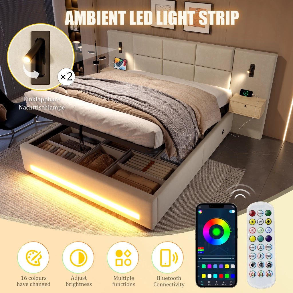 Letto contenitore 160 × 200 cm con testiera imbottita in velluto beige LED USB-C e vano idraulico