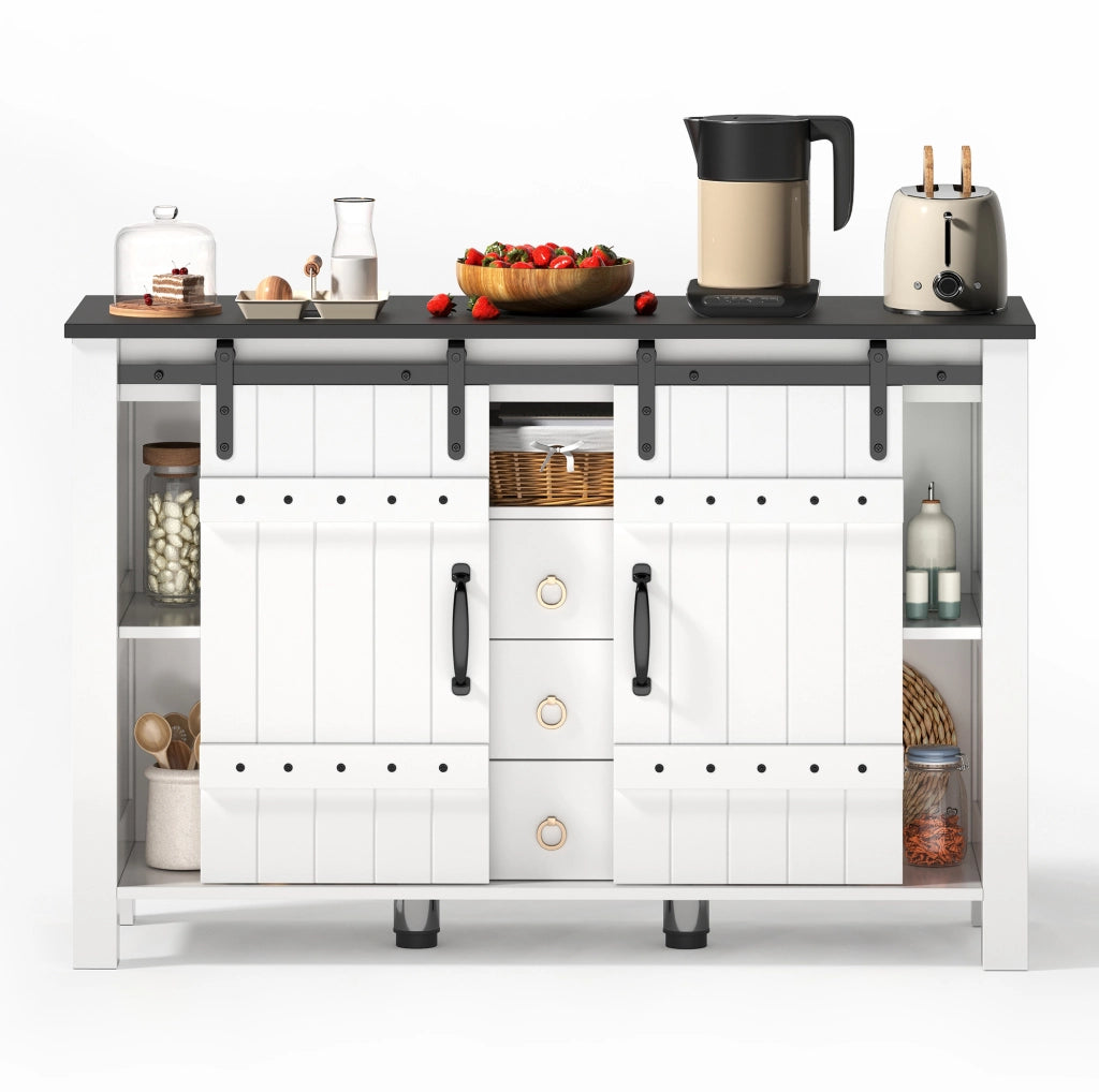 Sideboard bianco in legno rustico con 2 ante scorrevoli e 3 cassetti, larghezza 120 cm