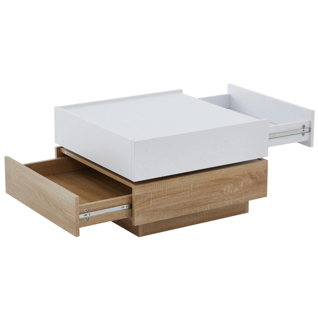 Tavolino da caffè 60x60x38 cm; girevole 360°; con cassetti; truciolare bianco e noce