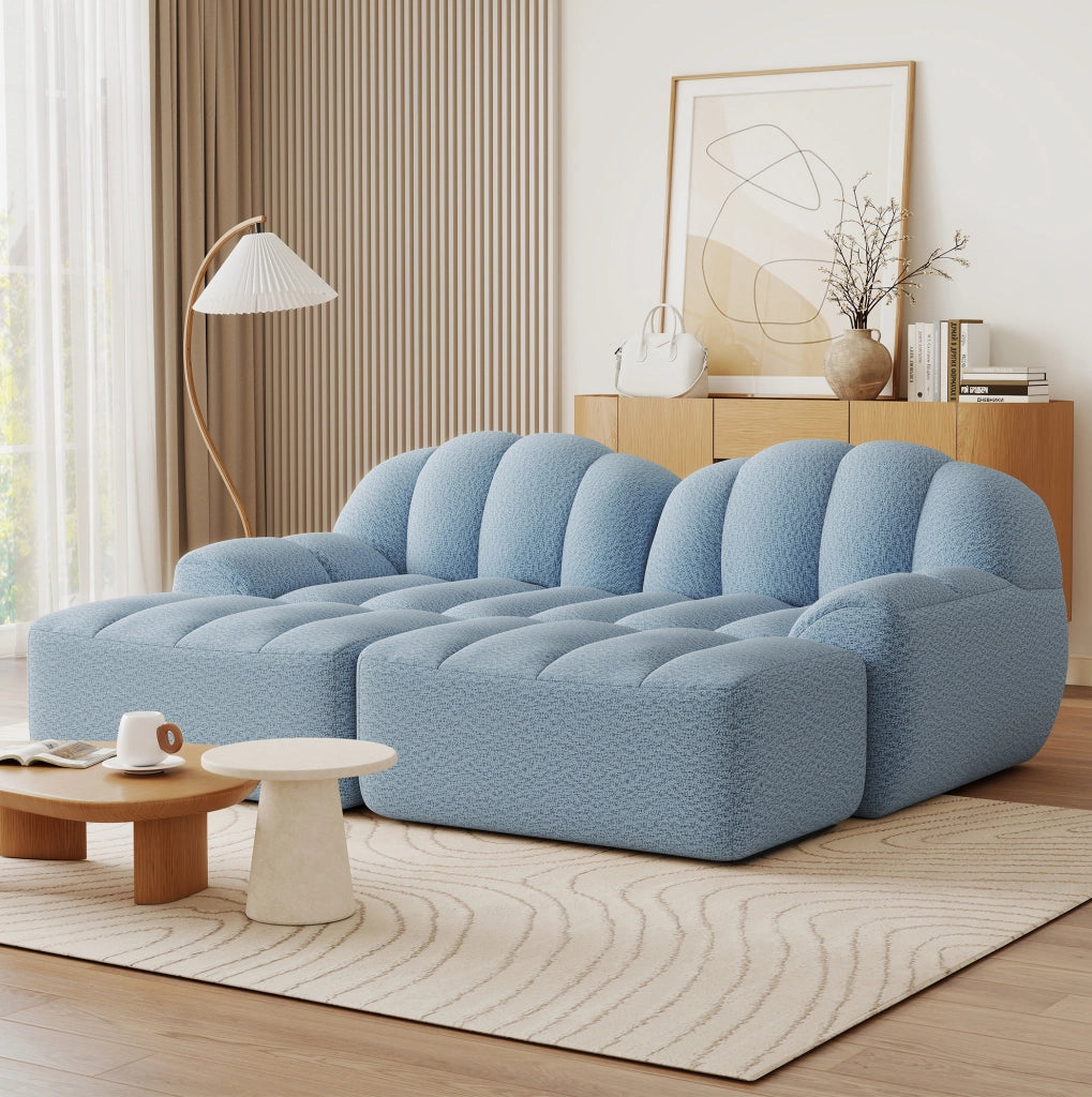 Divano modulare blu 210x165x79 cm con 2 pouf, senza montaggio
