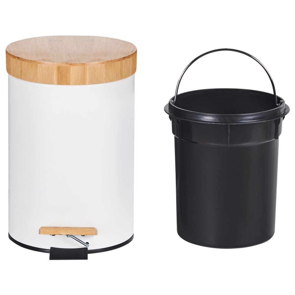 Set moderno di 2 cestini per rifiuti con pedale e coperchio per la cucina Ferro riciclabile verniciato a polvere Legno di bambù Materiale sintetico a prova di impronte digitali bianco