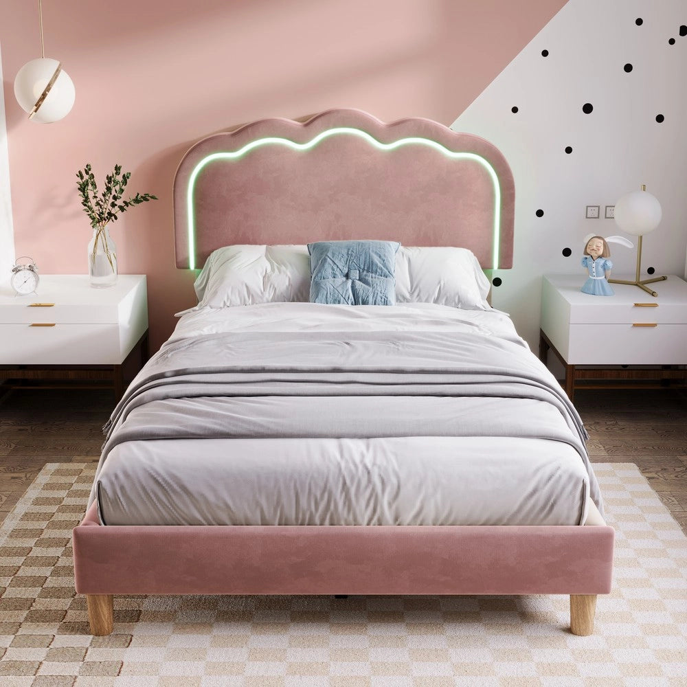 Letto Singolo Imbottito con Testiera Regolabile e Doghe ¨C MINIMAL ¨C Rosa Velluto 90x190cm
