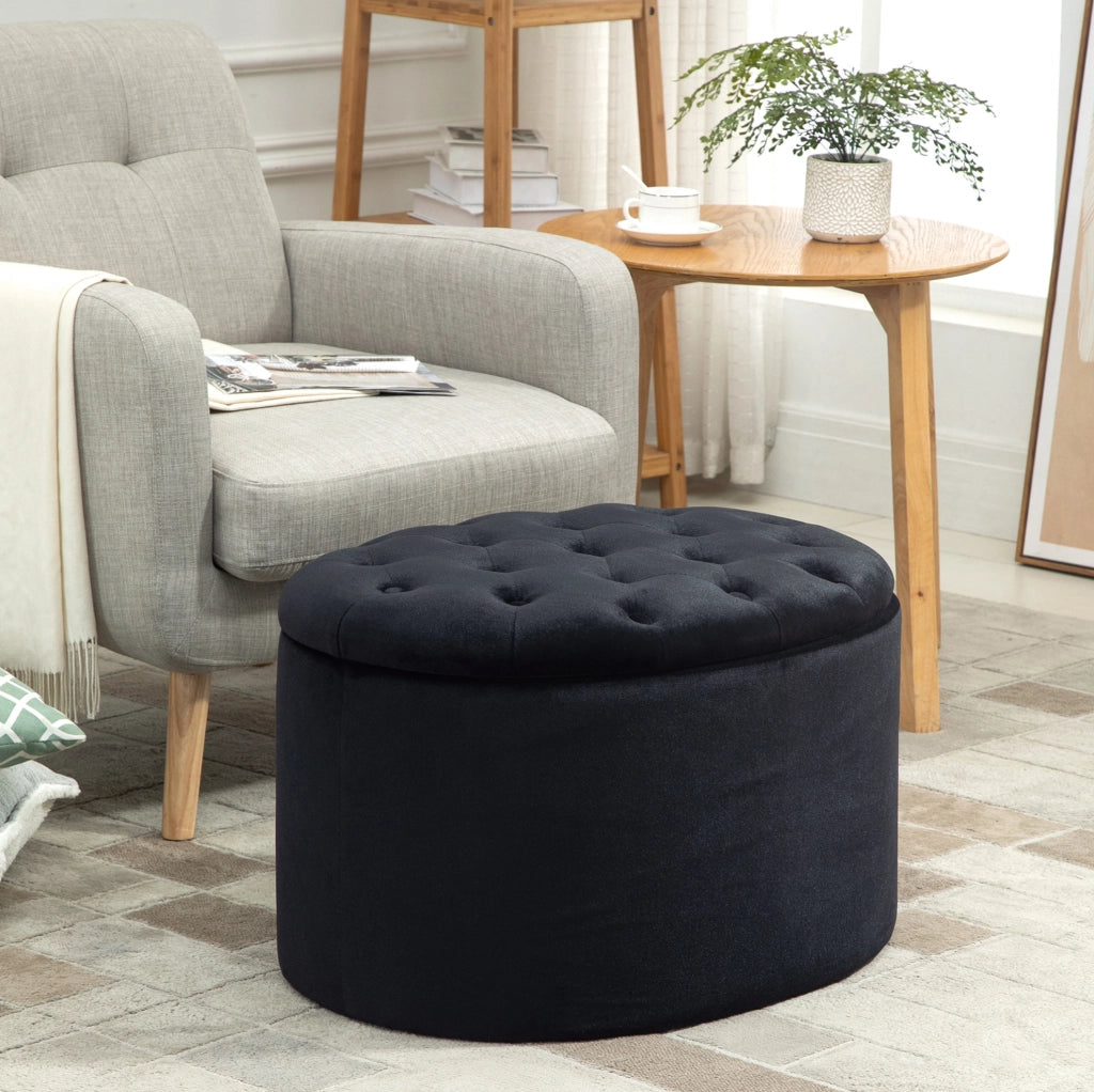 Panca contenitore imbottita ovale nera 71x52x42 cm