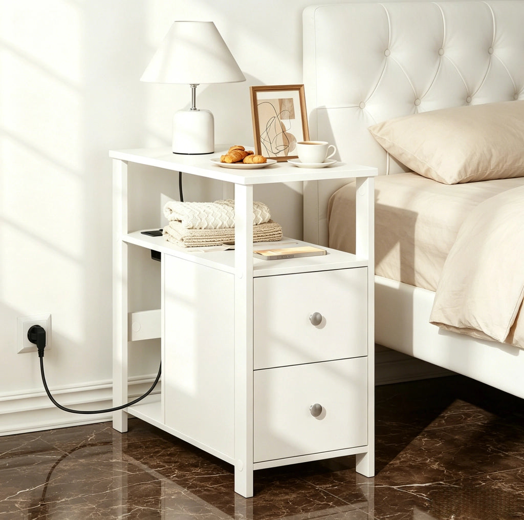 Tavolino da divano con presa 60x60x30 cm; 2 cassetti e 2 USB bianco HOMVRA