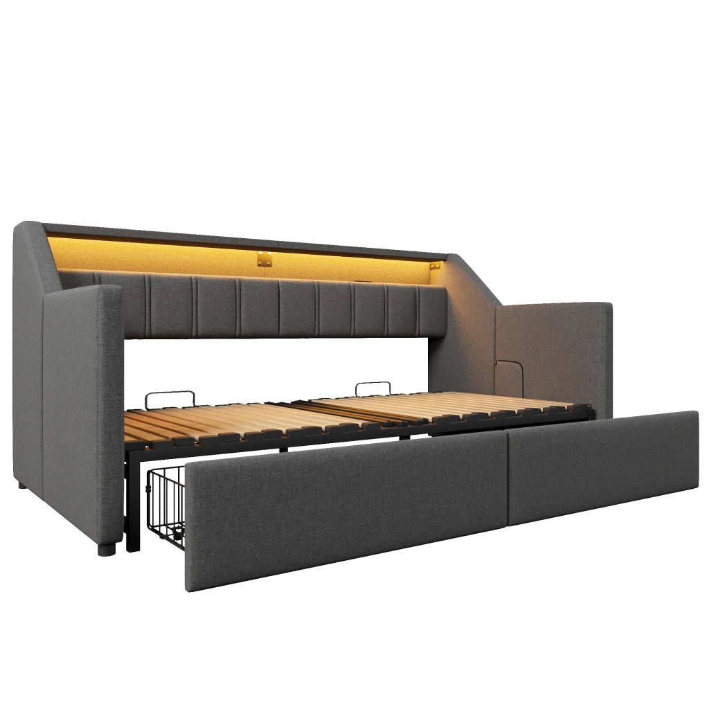 Letto estraibile 90x200 cm con USB, USB-C, LED, 2 cassetti e tasche in lino grigio