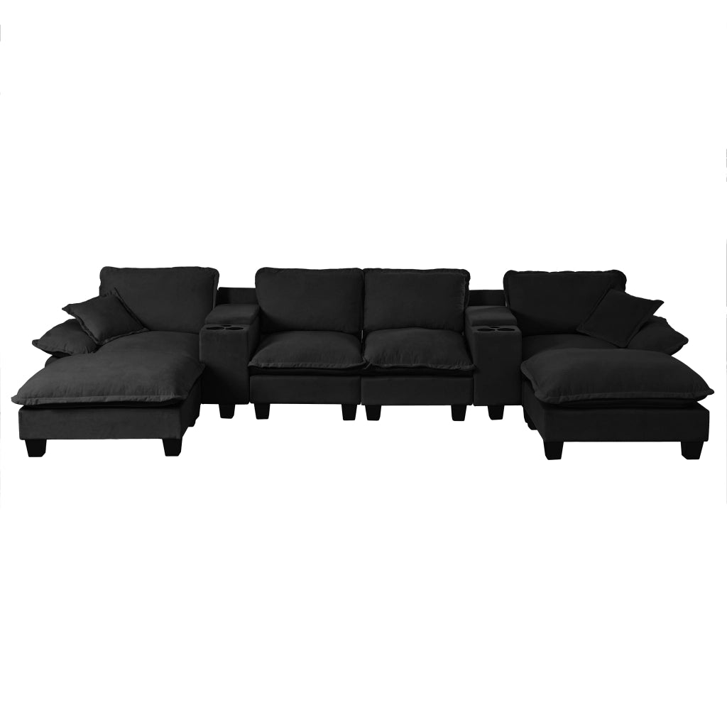 Divano Modulare U-Shape con Ottomane, Contenitore e Portabicchieri ¨C MINIMAL ¨C Chenille, Nero