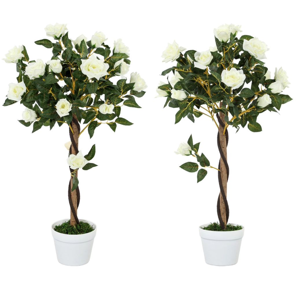 Pianta Finta di Rosa da 21 Fiori con Vaso Riempito in Cemento e Muschio, ?18x90 cm, Bianco