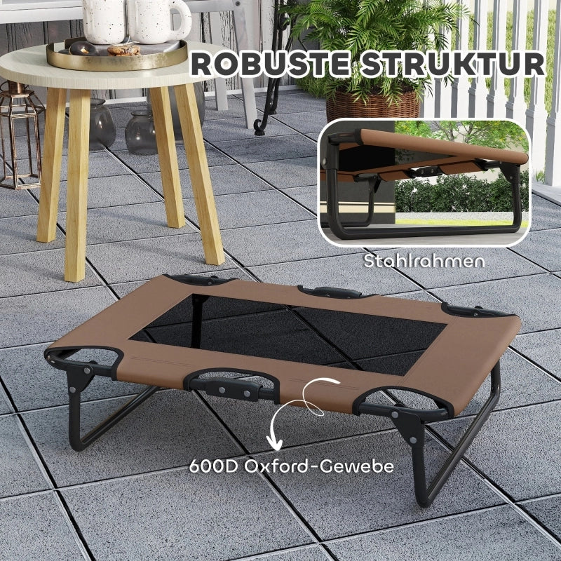 Cuccia per cani rialzata pieghevole, lettino per animali da esterno con design a rete, Oxford caffè, 75 x 51 x 18 cm