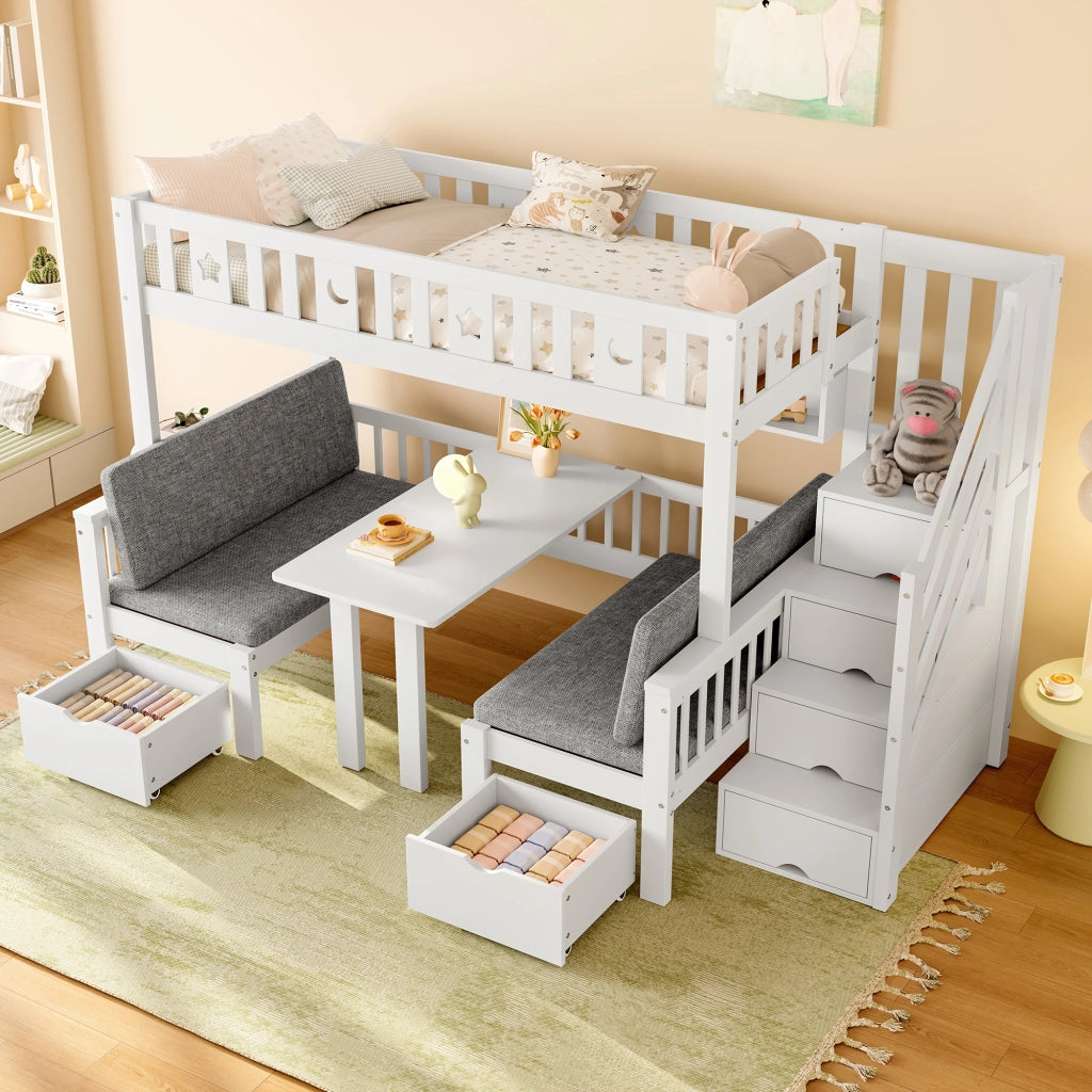 Letto a Soppalco 90x200 cm in Legno di Pino con Scrivania; Scaffali; Sponde di Sicurezza; Scala; Bianco