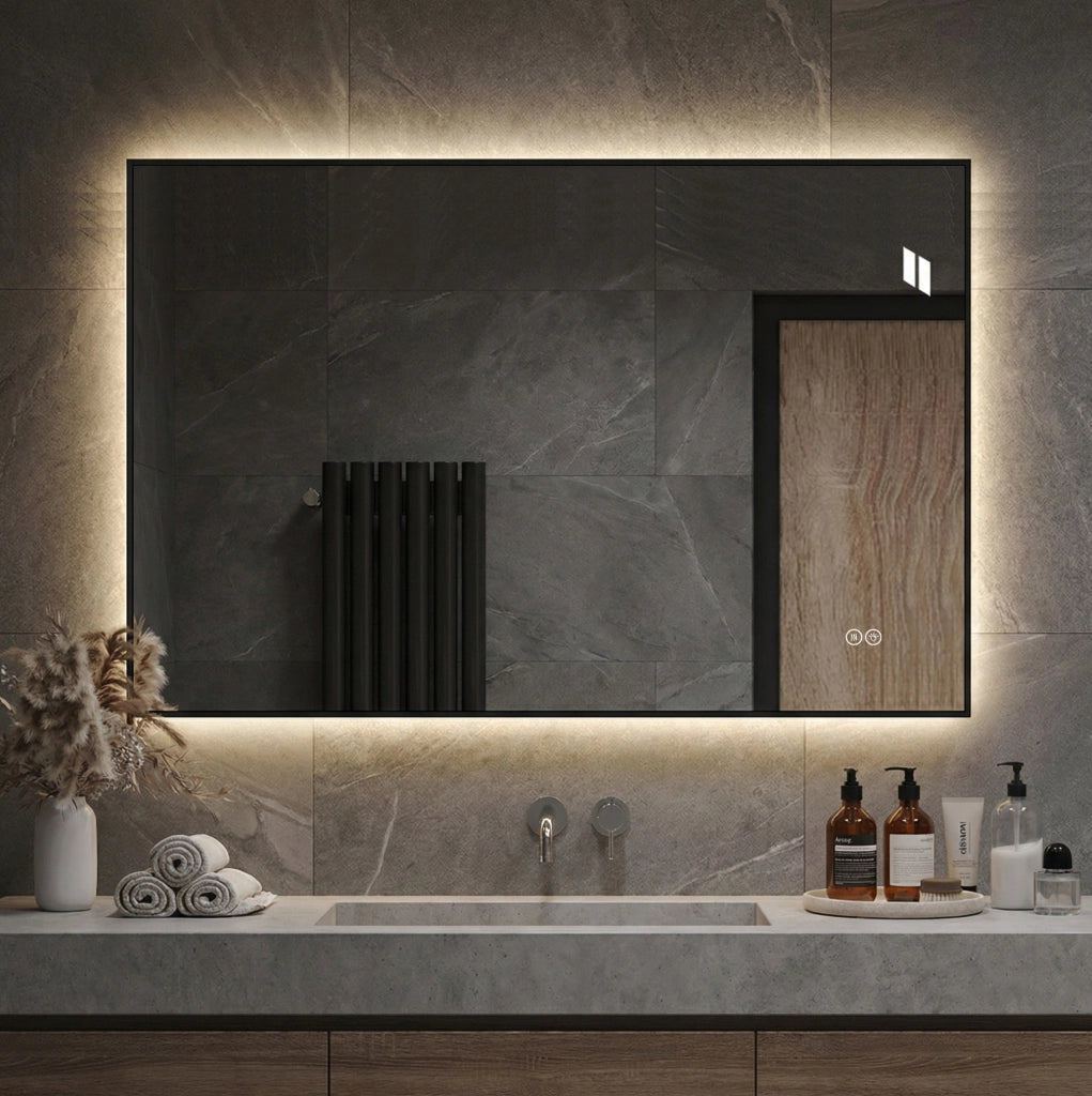 Specchio da bagno LED 50x70 cm con cornice in alluminio, retroilluminato, antiappannamento, 3 temperature luce, dimmerabile e funzione memoria