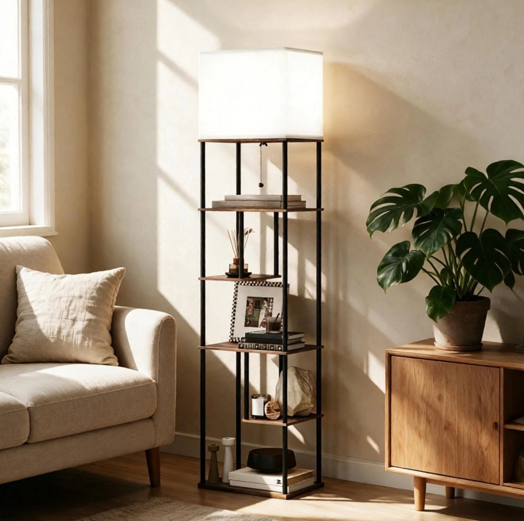 Lampada da terra 40x29x171 cm in metallo e MDF con 5 ripiani, nero-marrone