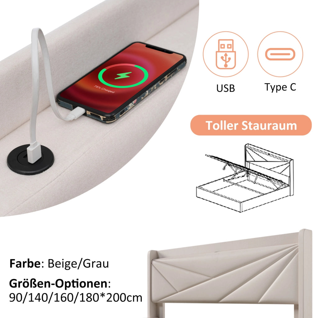 Letto singolo contenitore 90x200 cm con USB e USB-C; cotone-lino beige