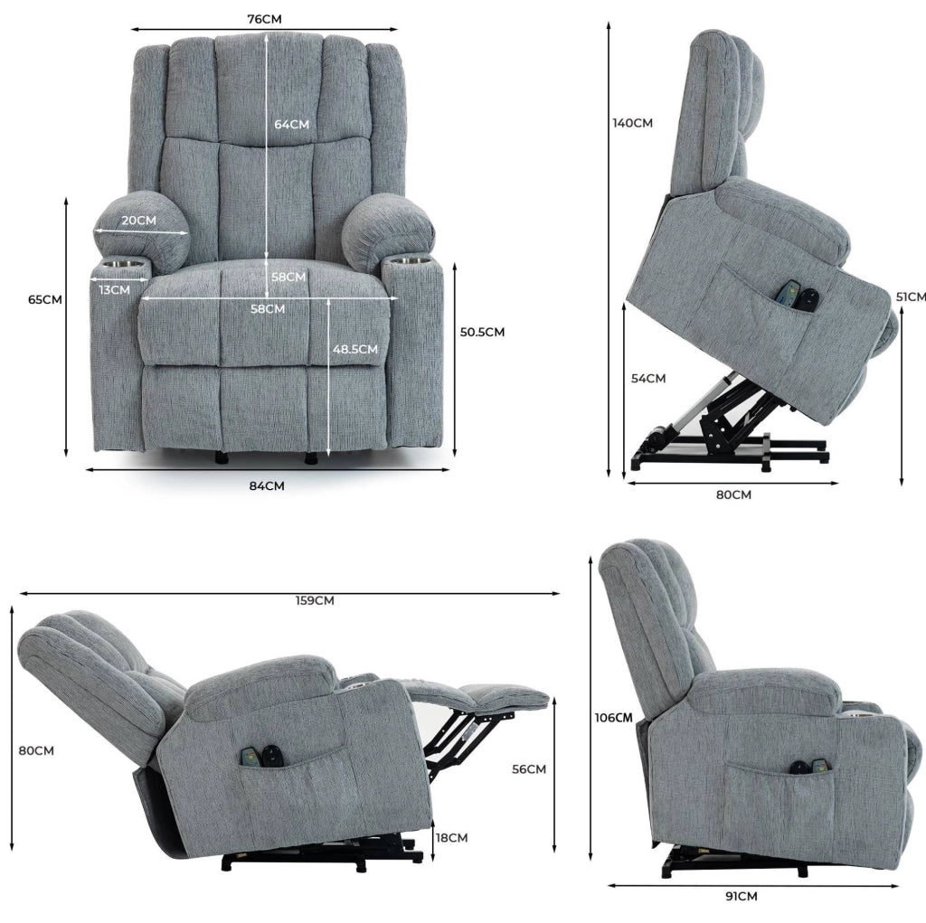 Poltrona Elettrica Relax con Funzione Alzapersone, Massaggio e Riscaldamento, Poggiapiedi, Tasche Laterali e Portabicchieri Grigio Chiaro