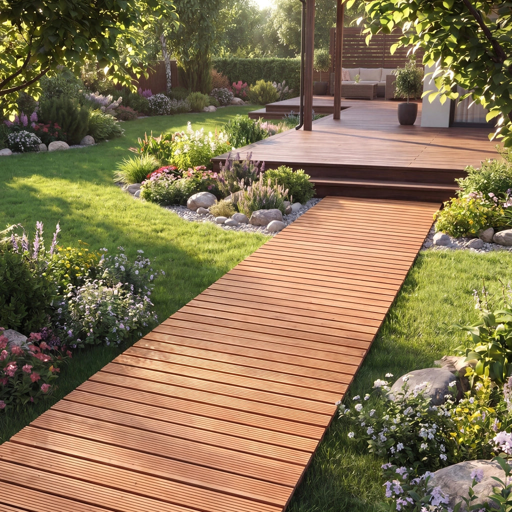 Sentiero da giardino in legno superficie antiscivolo collegamento con fili metallici, Passerella decorativa da esterno Naturale