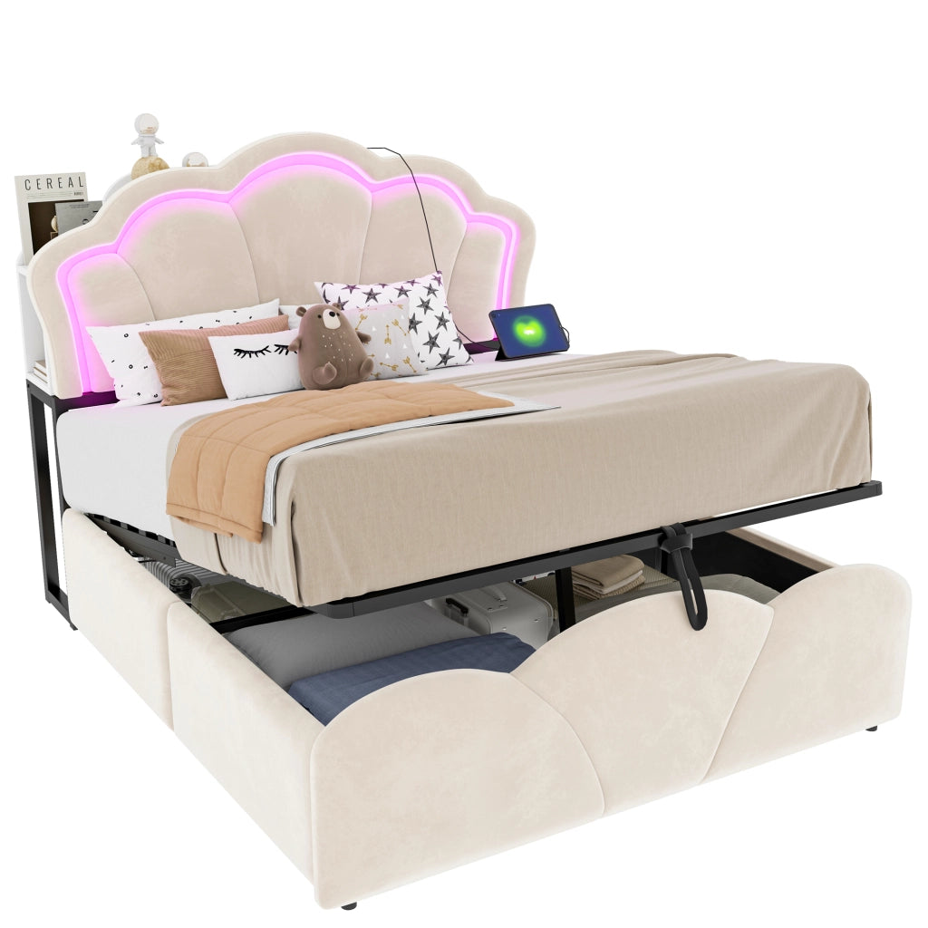 Letto imbottito 140 × 200 cm con contenitore idraulico in velluto beige LED prese e vani nella testiera