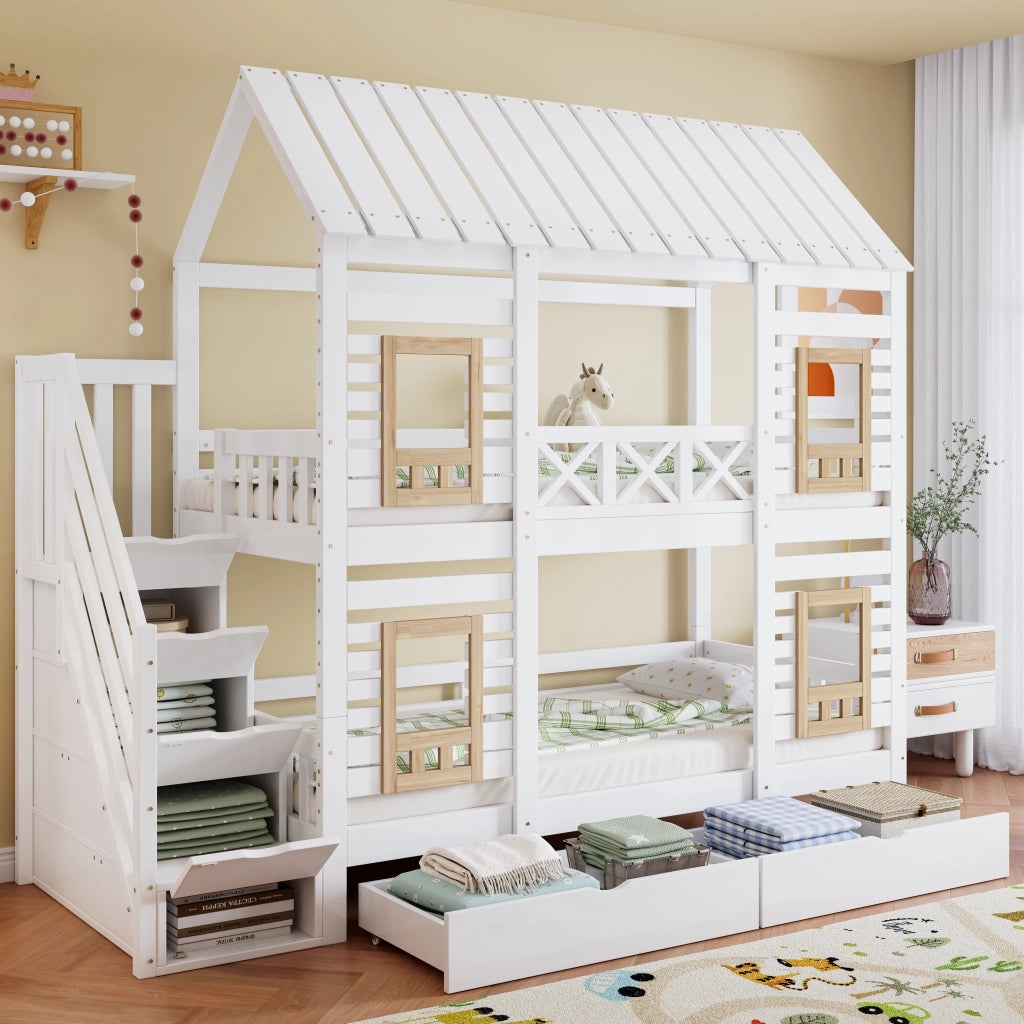 Letto a castello a casetta in pino e MDF; 90x200 cm; bianco e naturale; con scala contenitore e cassetti per cameretta