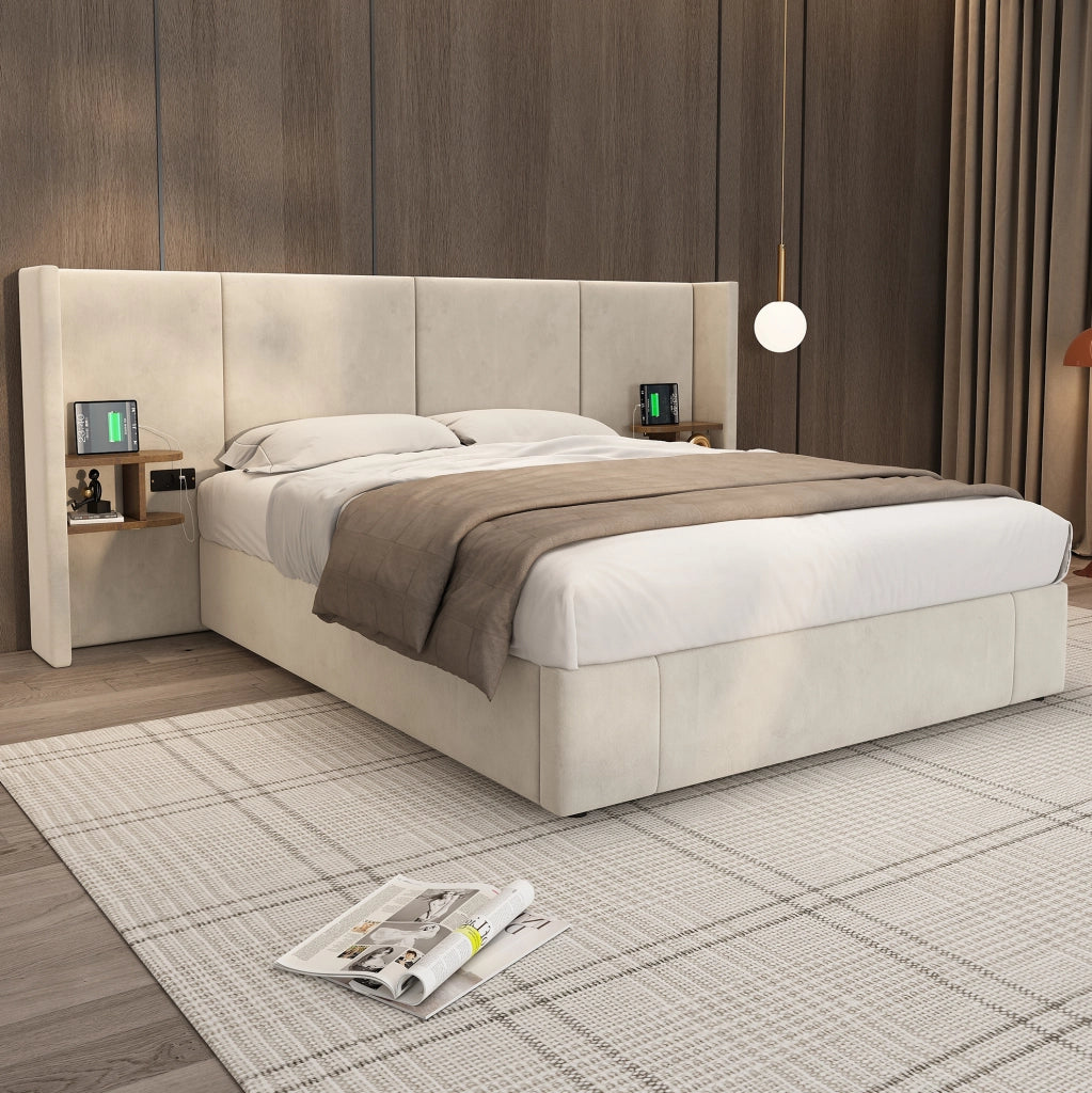 Letto contenitore 160x200 cm in velluto beige con 2 comodini; USB-A/USB-C e prese