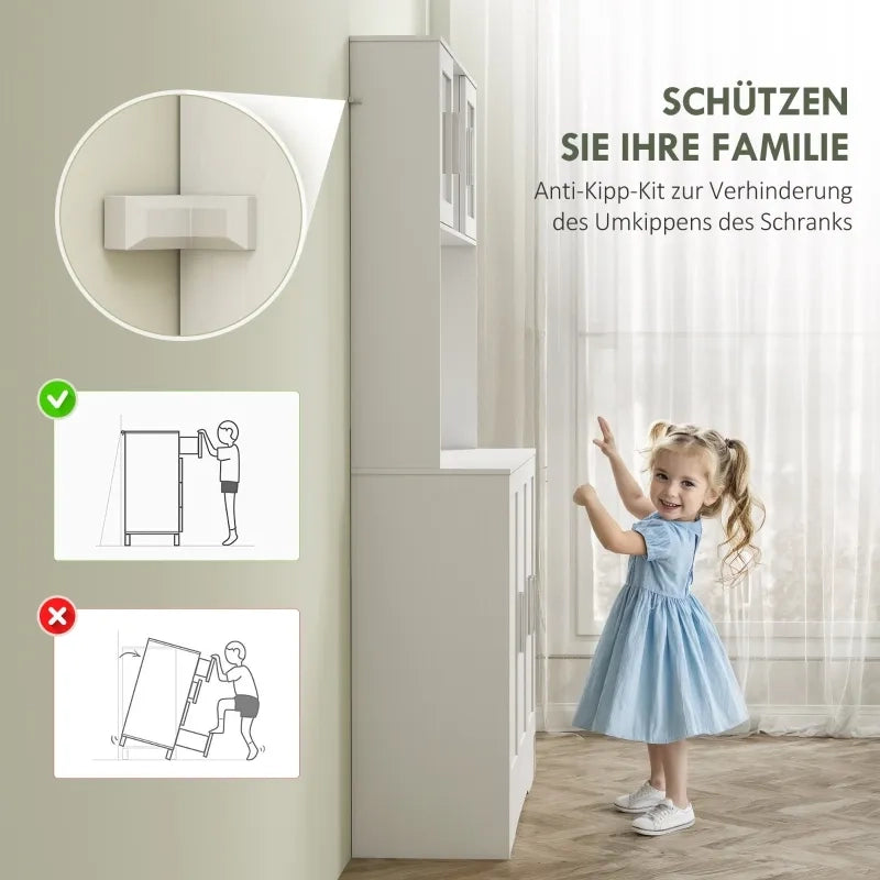 Mobile da cucina design scandinavo, 4 ante con vetri, ripiani regolabili e vano aperto, in truciolato e MDF, bianco
