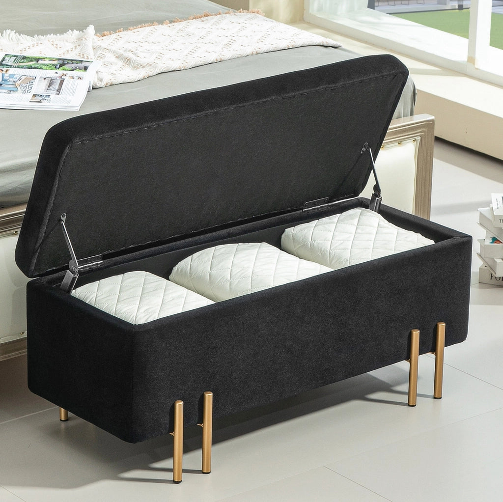 Panca contenitore 100x40x42 cm in poliestere nero con struttura in legno e metallo