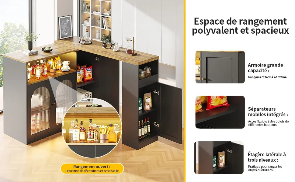 Bar Girevole 360° 198x39,6x97 cm, Mobile Nero Opaco con Scrivania Effetto Legno, Ante Vetro e LED, Sideboard Cantinetta Angolo Caffè