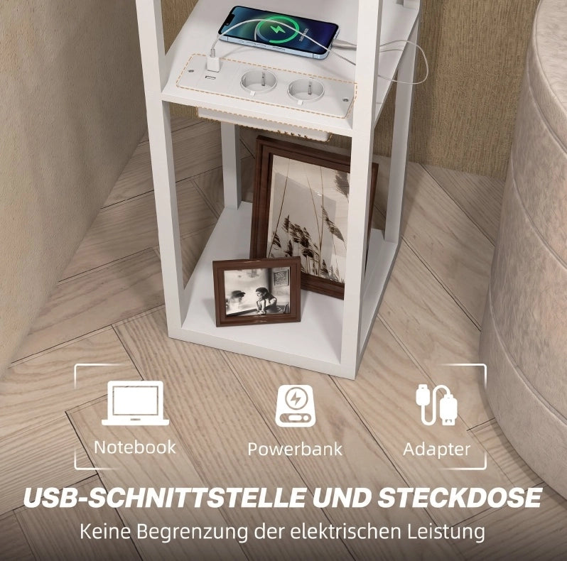 Lampada da terra bianca in MDF con 3 ripiani, interruttore a pedale e porte USB