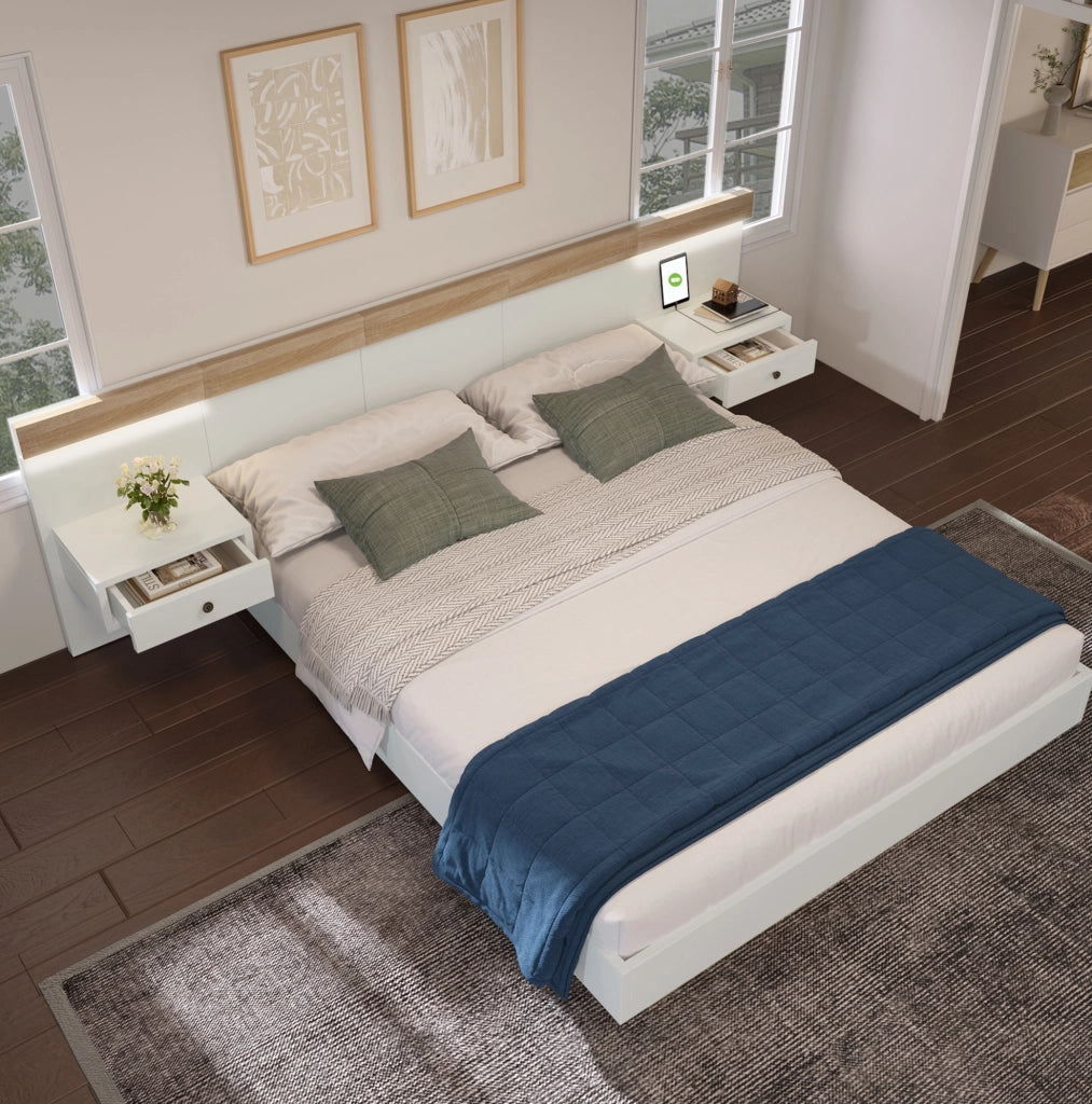 Letto matrimoniale 140 x 200 cm con 2 comodini LED e prese USB/USB-C