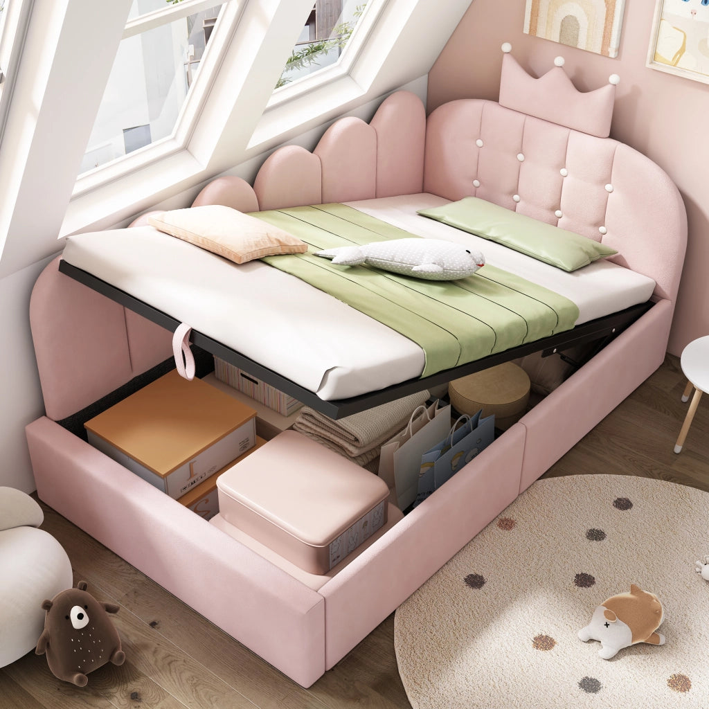 Letto singolo a divano 90 × 200 cm con contenitore idraulico in velluto rosa design corona e griglia