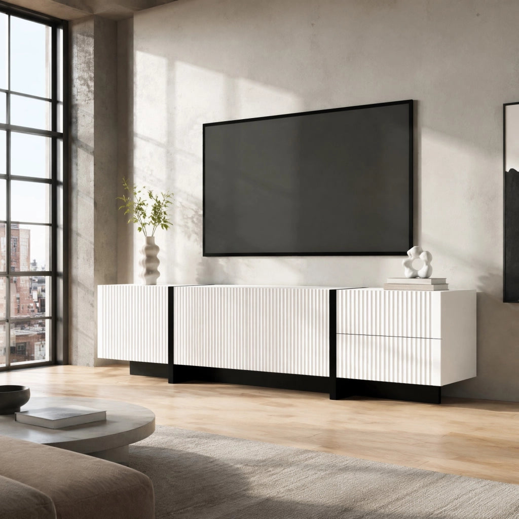 Mobile TV 190 cm con 3 ante e 2 cassetti, bianco e nero