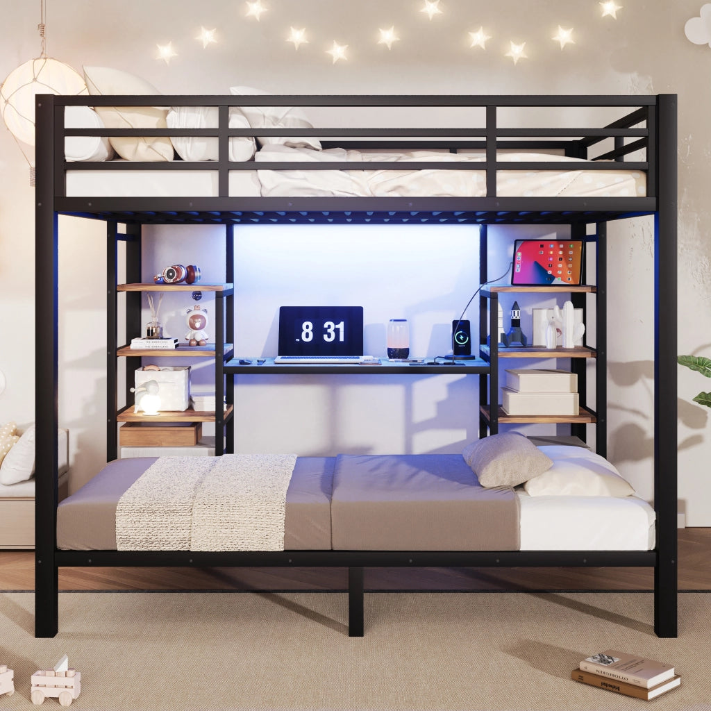 Letto a castello 90 × 200 cm e 140 × 200 cm in metallo e MDF nero con ripiani LED USB e Type-C