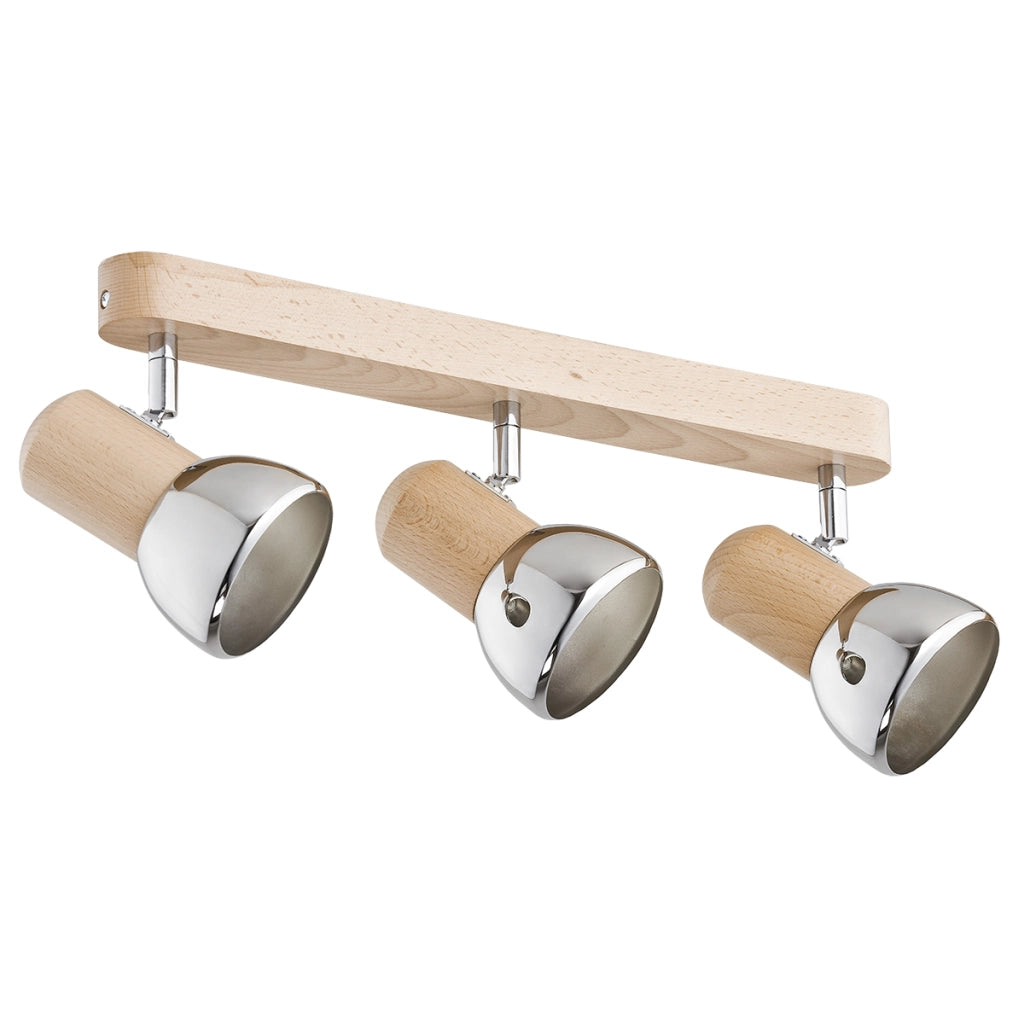 Plafoniera Spiro Alfa legno chiaro 3 spot E27 cromo