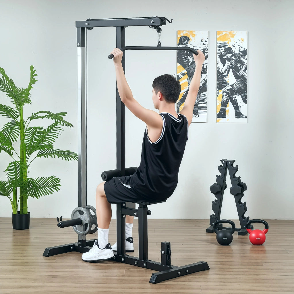 Stazione fitness multifunzionale con sedile regolabile e carrucola, in acciaio, nera, 107x120x190 cm