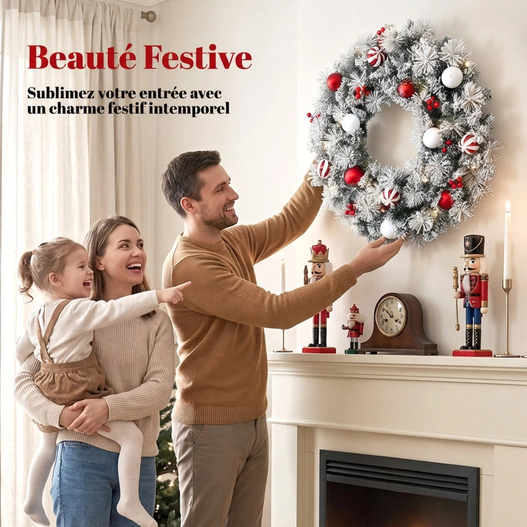 Couronne de Noël Lumineuse 60 cm Enneigée Floquée avec 50 LED, 15 Boules Décoratives, 140 Branches, 8 Modes, Vert