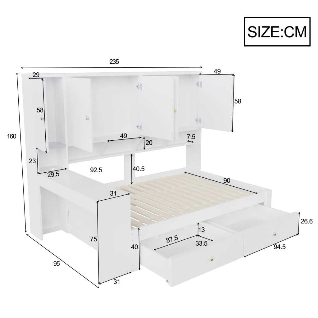 Letto con cassetti 90 × 200 cm con scrivania integrata armadi ripiani LED prese rete a doghe struttura in MDF bianco