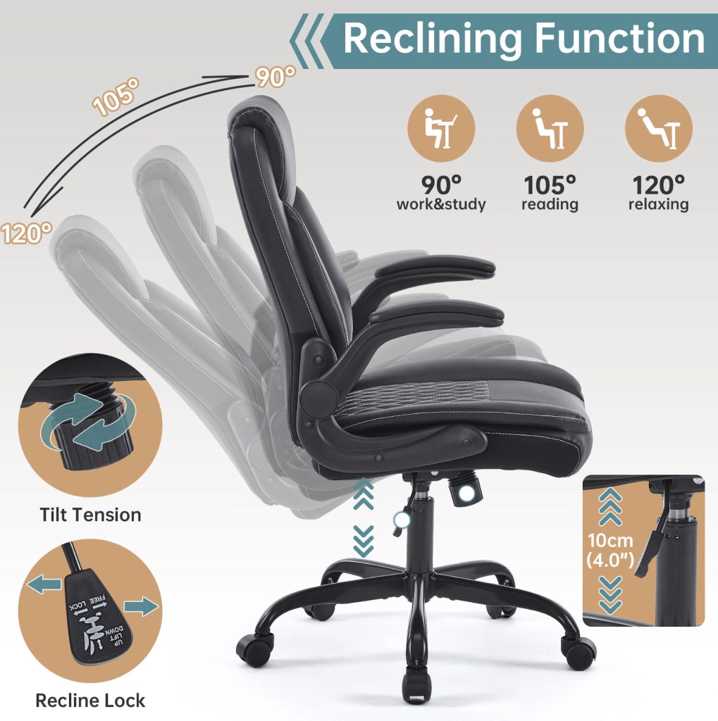 Sedia da ufficio ergonomica in similpelle nera con supporto lombare e braccioli ribaltabili