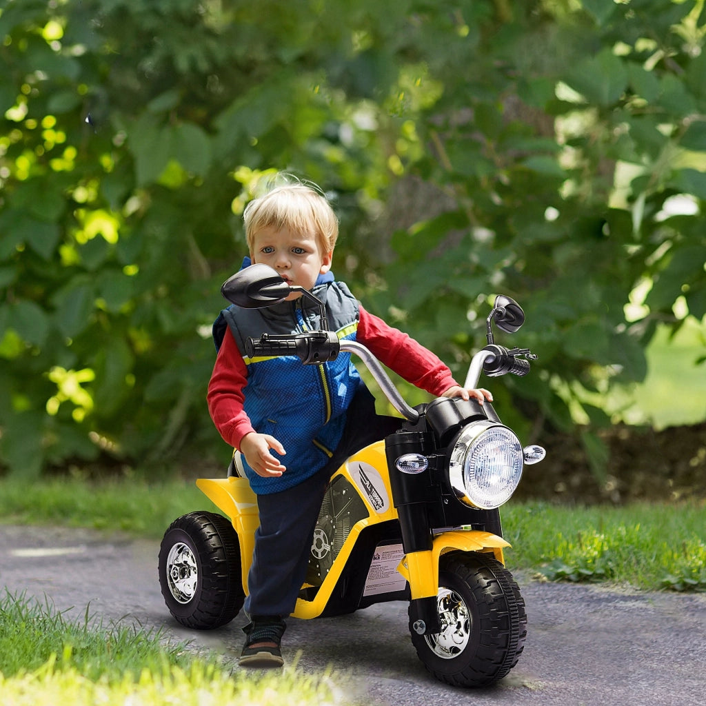 EasyComfort Moto Elettrica per Bambini a 3 Ruote con Luci e Suoni, Batteria Ricaricabile 6V, Velocità 2 km/h, per Bimbi da 18-36 Mesi, 72cmx57cmx56cm Gialla