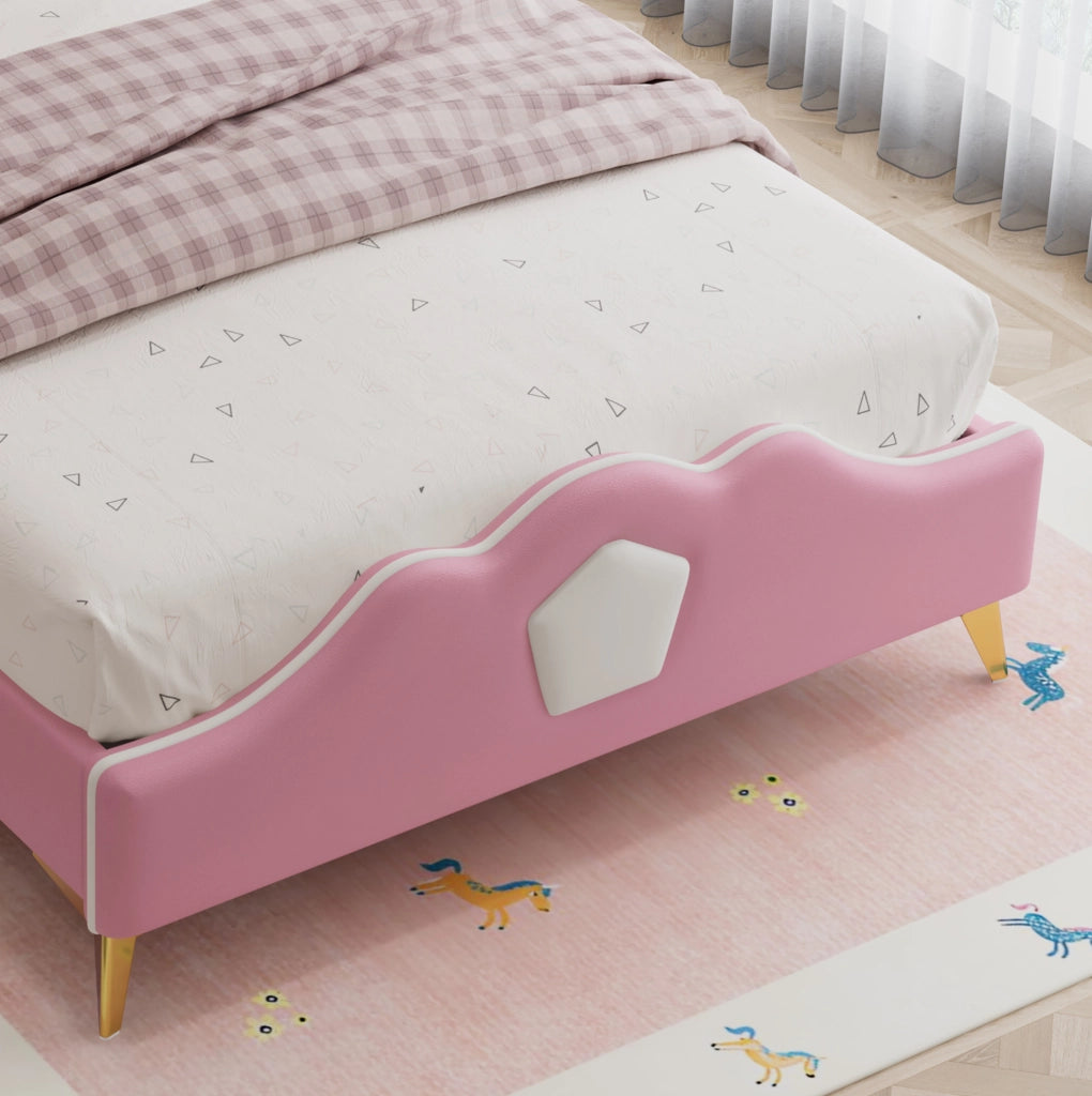 Letto imbottito per bambini 90x200 cm con testiera a corona in PU rosa e bianco