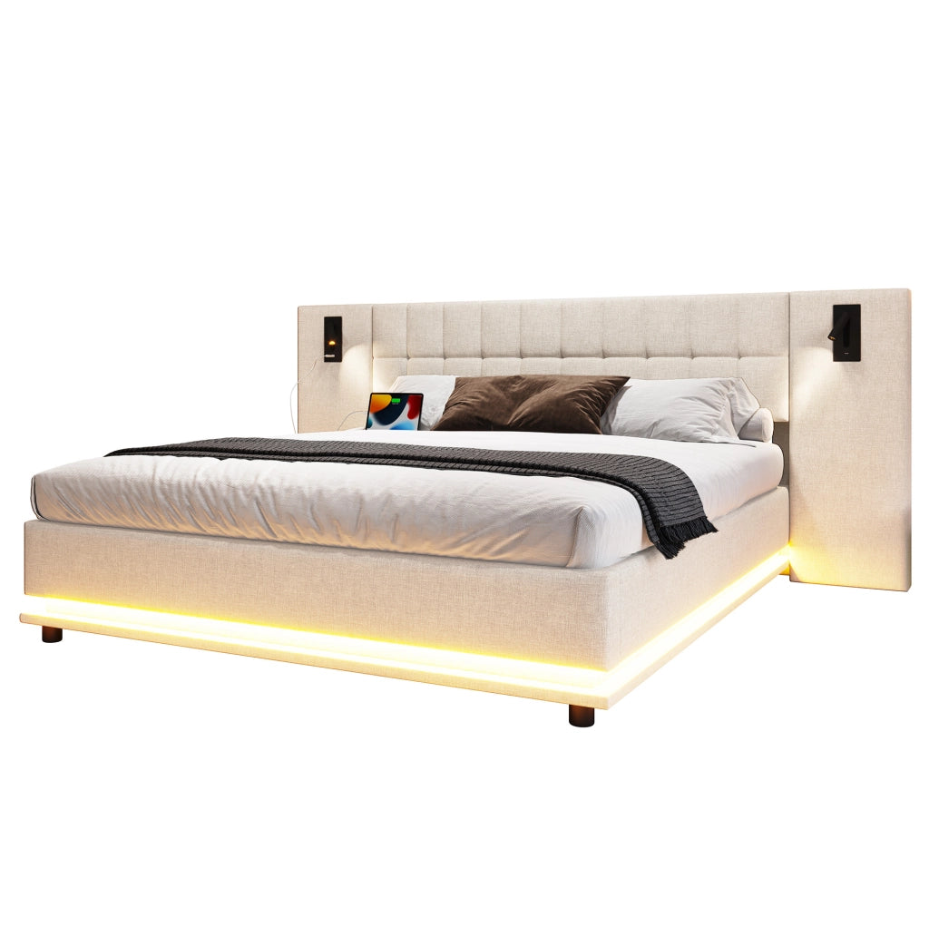 Letto matrimoniale 180x200 cm in lino beige con LED e USB, senza materasso