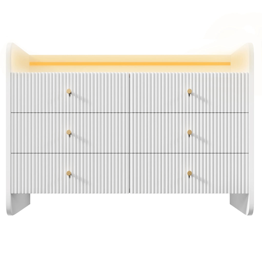 Mobile contenitore bianco con 6 cassetti, illuminazione LED e design a onde, 120x40x75 cm