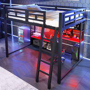 Letto a soppalco ULEVR 140x200 cm con scrivania, LED RGB e ripiani aperti, metallo e MDF nero