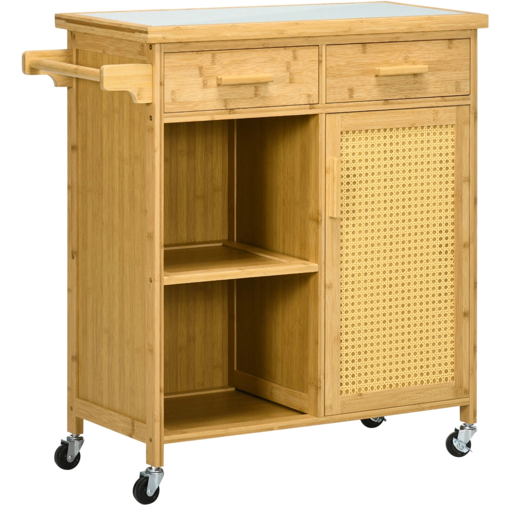 Carrello da cucina in bambù naturale con cassetti, armadietto, ripiani aperti e porta asciugamani, 84x36x85 cm