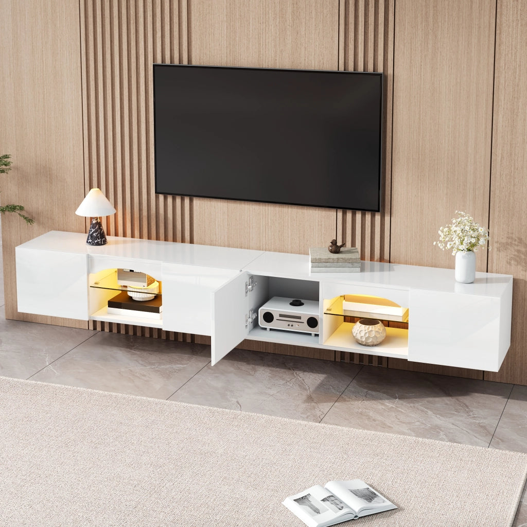 Mobile TV con 4 ante; 2 vani aperti con ripiani in vetro e LED regolabili tramite app; bianco 200 × 30 × 28 cm