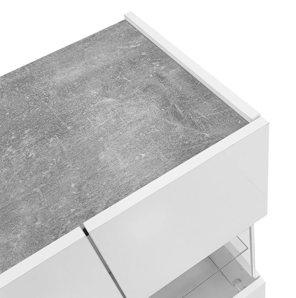 Sideboard elegante con 2 ante, 3 cassetti, finiture bianche lucide e effetto marmo grigio, LED a 16 colori, 140x35x75 cm